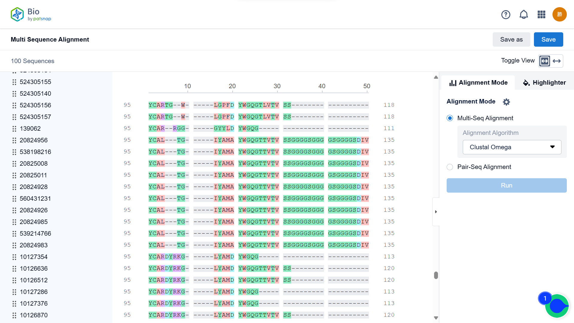 MSA (多重配列アライメント)の表示
